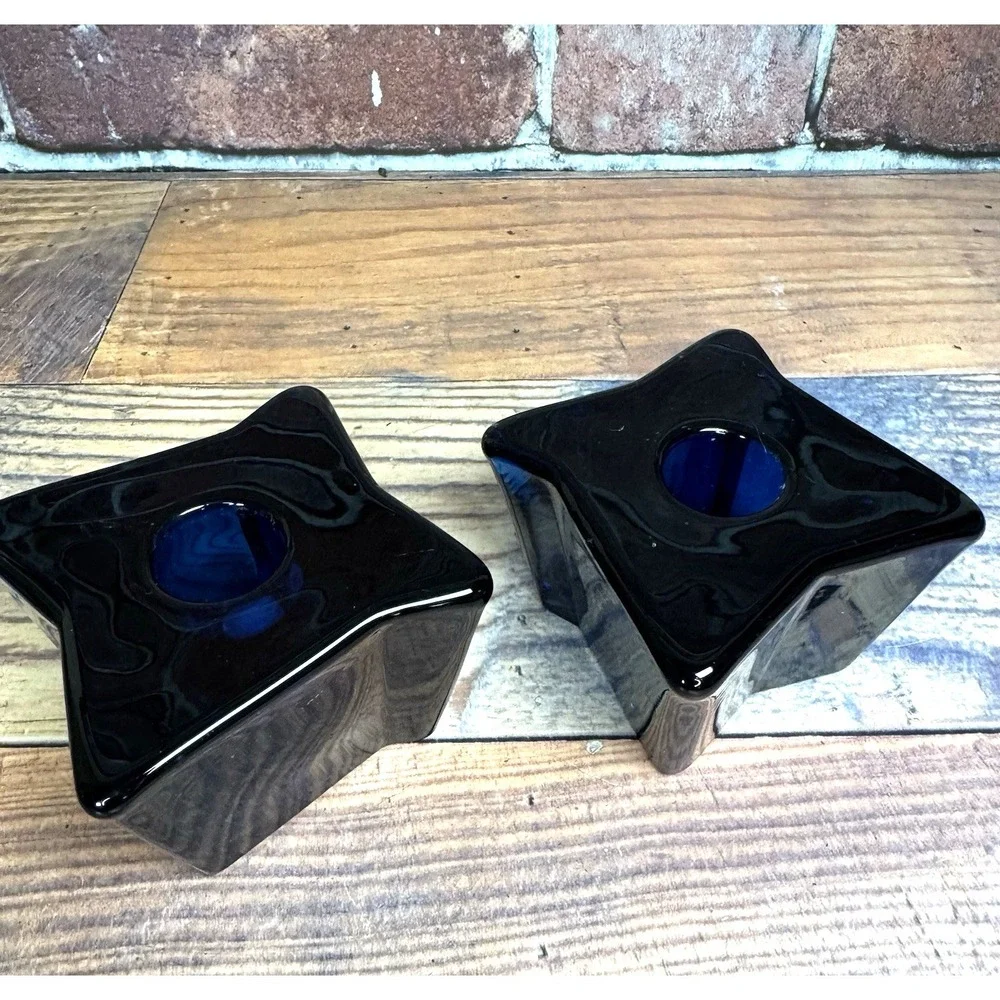 Viking Glass Bluenique Cobalt Blue ASTRA Four-Pointed Candle Holder Pair Set MCM